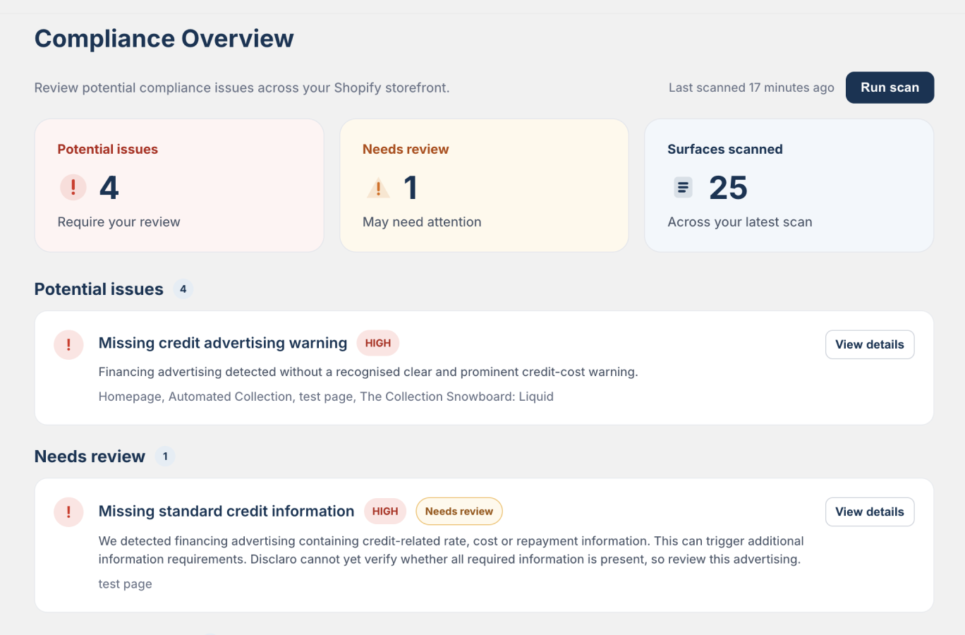 Disclaro dashboard showing the Compliance Overview with summary cards for potential issues, items that need review and surfaces scanned, followed by the list of findings.
